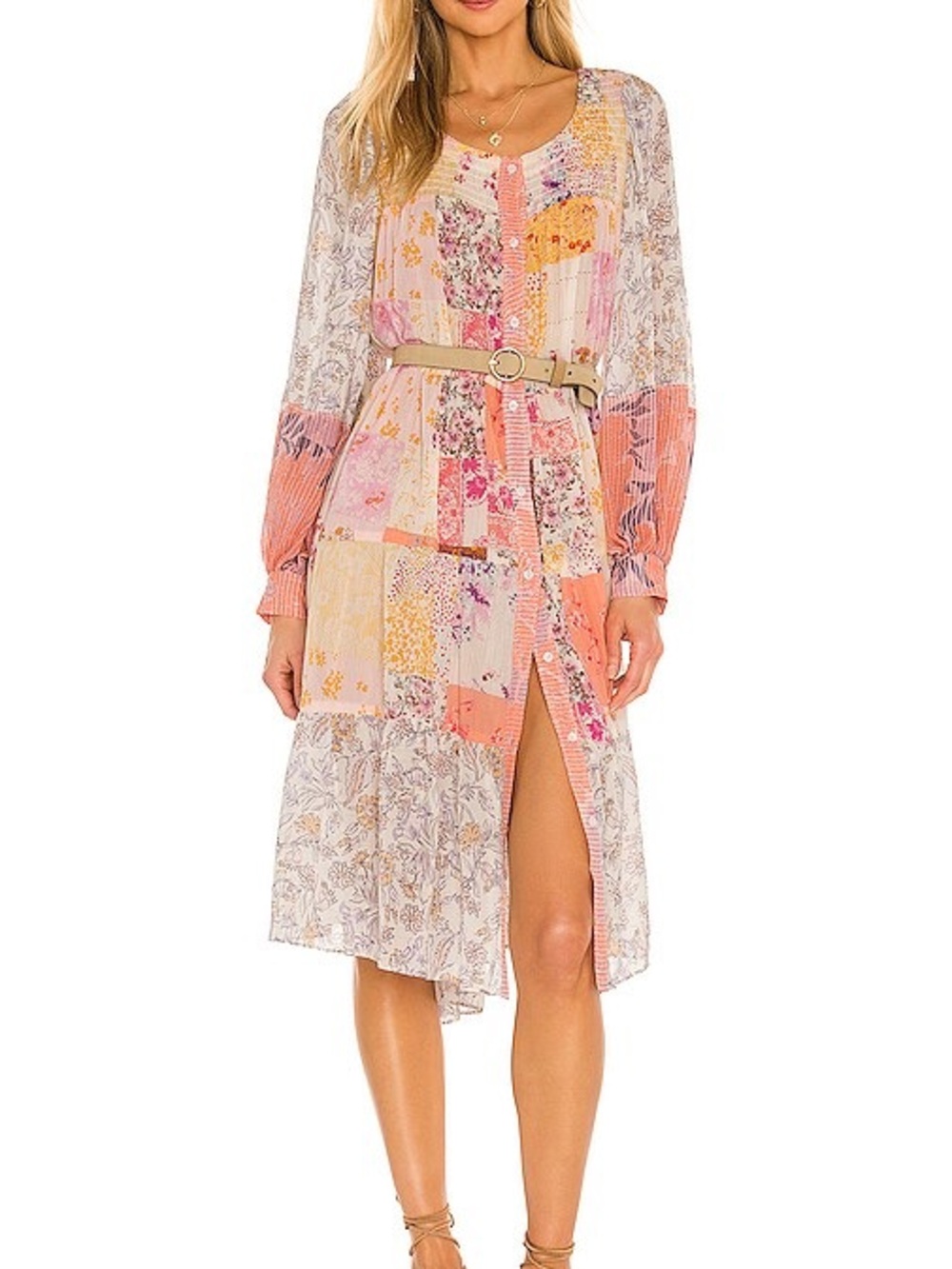Free People Floral Patchwork Midi Dress in Pink and Cream with Orange Accents